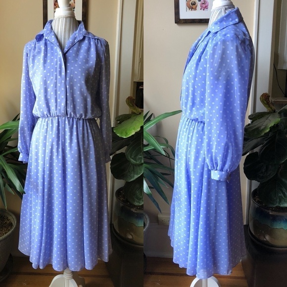 Vintage Draper’s Periwinkle Long Sleeve Button Polka Dot Dress - Picture 1 of 4